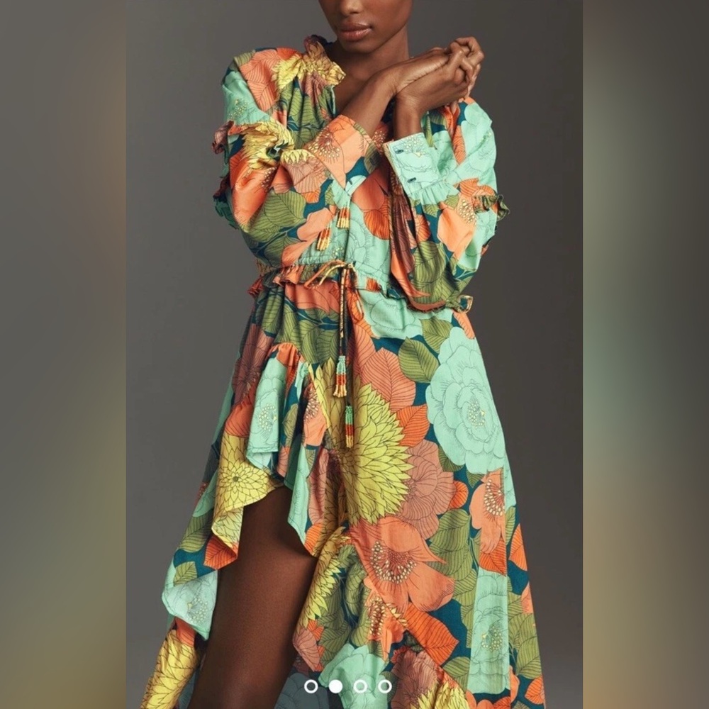 Farm Rio X Anthropologie Long Sleeve Floral Midi Dress size S